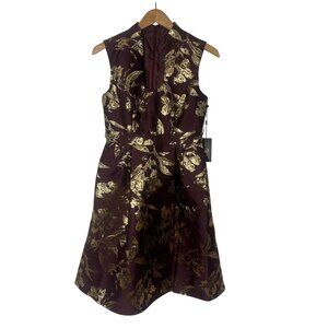 Adrianna Papell Metallic Jacquard Sleeveless Dress Burgundy Gold Size 4